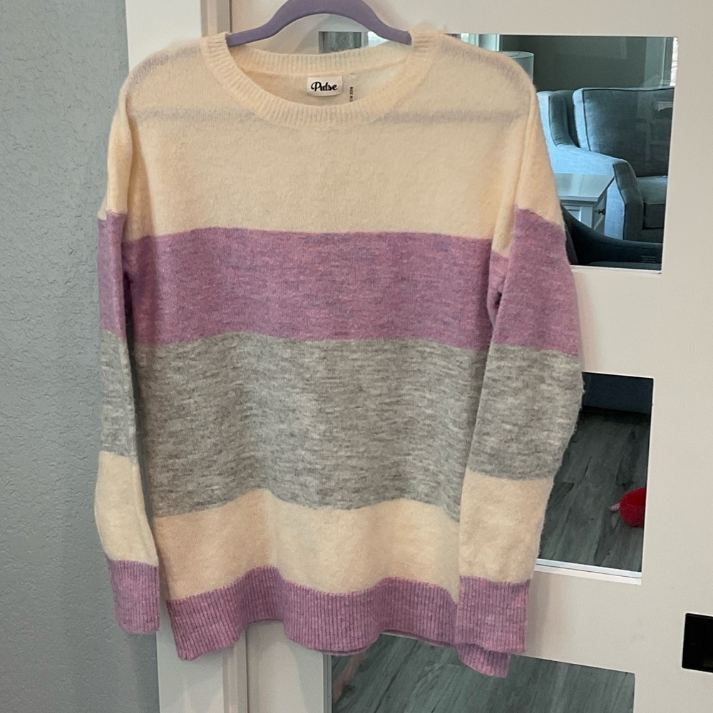 Pulse Cream, Lavender, and Gray Striped Crew Neck Sweater Womens Size xs